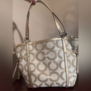 Coach 19572 Audrey Beige Gold Op Art Shantung Cinched Tote Crossbody Bag Purse